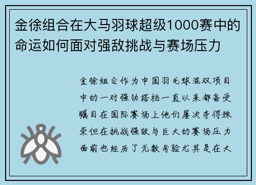 金徐组合在大马羽球超级1000赛中的命运如何面对强敌挑战与赛场压力